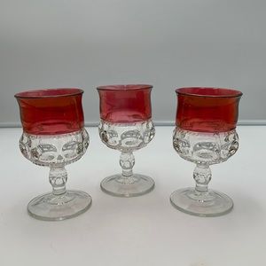 Pair of Vintage Iridescent Cranberry Kings Crown glass Small goblets Set of 3